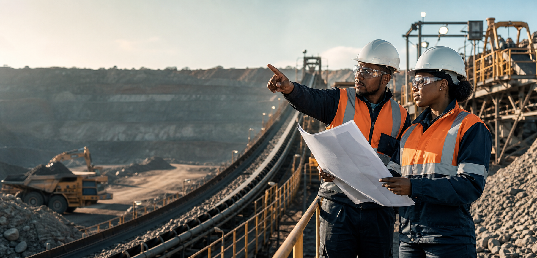 Mining engineers near conveyor infrastructure at an industrial mining site